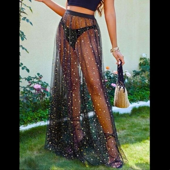 Celestial Metallic Gold and Silver Star High Waisted Semi Sheer Tulle Maxi Skirt - Picture 1 of 6